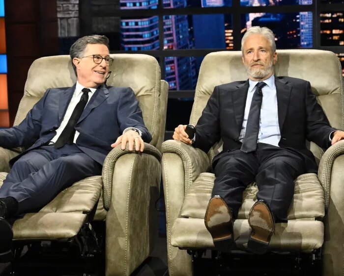 Jon Stewart Showers Stephen Colbert With Gifts on 'The Late Show'