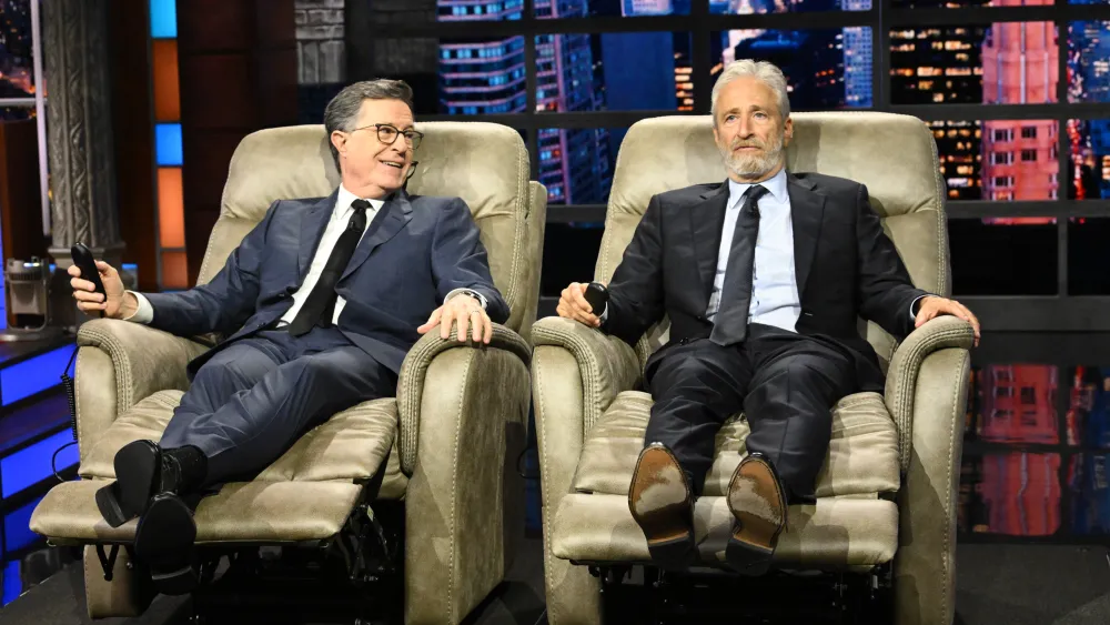Jon Stewart Showers Stephen Colbert With Gifts on 'The Late Show'