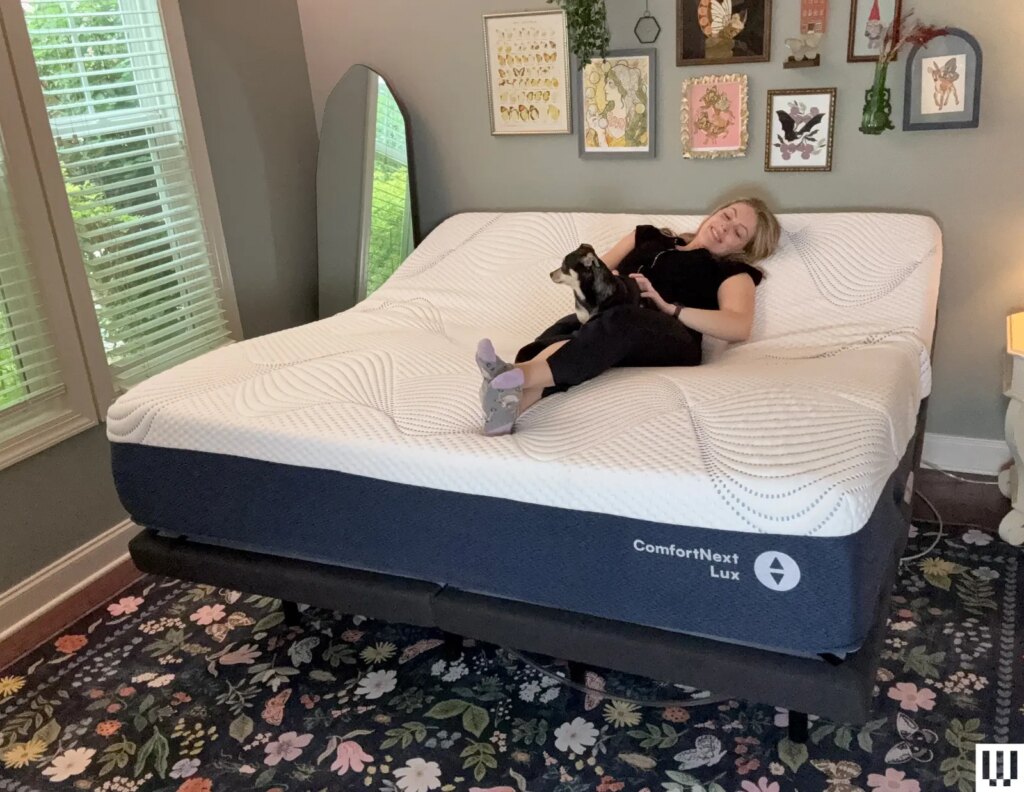 Person laying on a large blue and white mattress with a dog on their lap