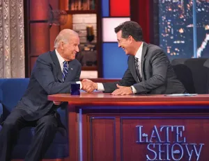 NEW YORK - SEPTEMBER 10: Stephen talks with Vice President Joe Biden, on The Late Show with Stephen Colbert, Thursday Sept 10, 2015 on the CBS Television Network. (Photo by Jeffrey R. Staab/CBS via Getty Images)