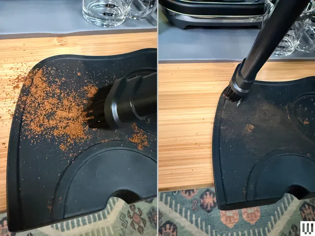Before and after of a small vacuum sucking up coffee grinds