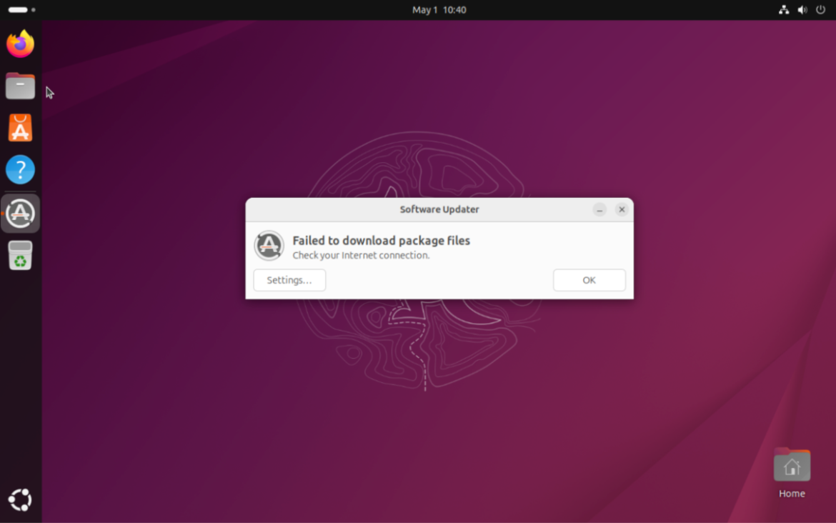 A screenshot showing that an attempt to update the Ubuntu operating system failed, amidst a DDoS attack targeting the Linux-based operating system.