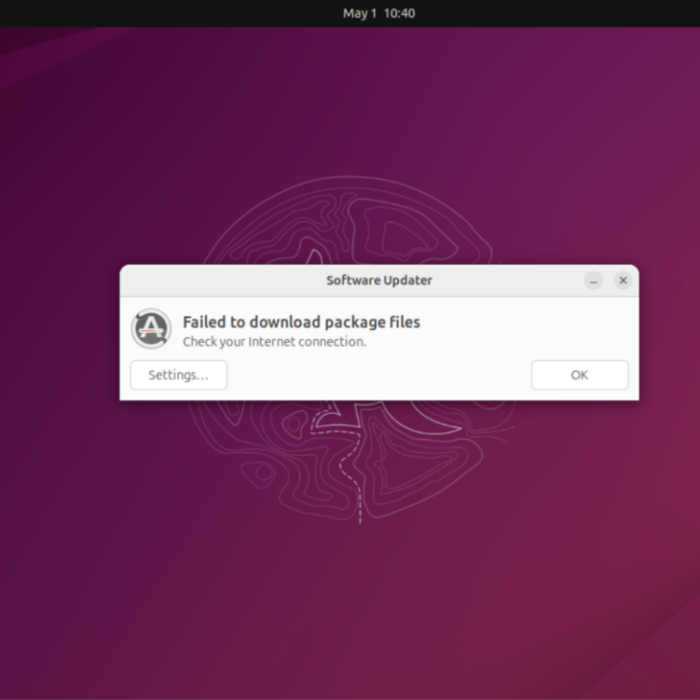 A screenshot showing that an attempt to update the Ubuntu operating system failed, amidst a DDoS attack targeting the Linux-based operating system.