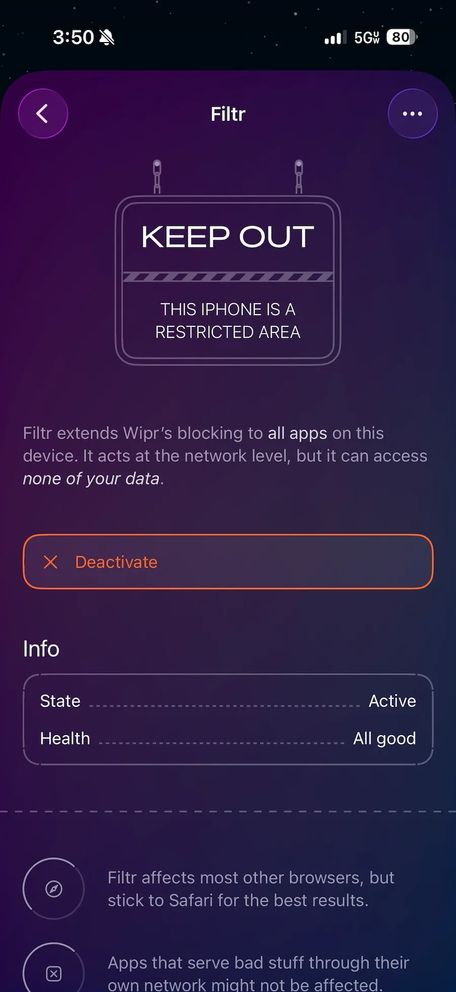 a screenshot of the Wipr app on iOS, showing the Filtr add-on, showing that it's activated and currently running.