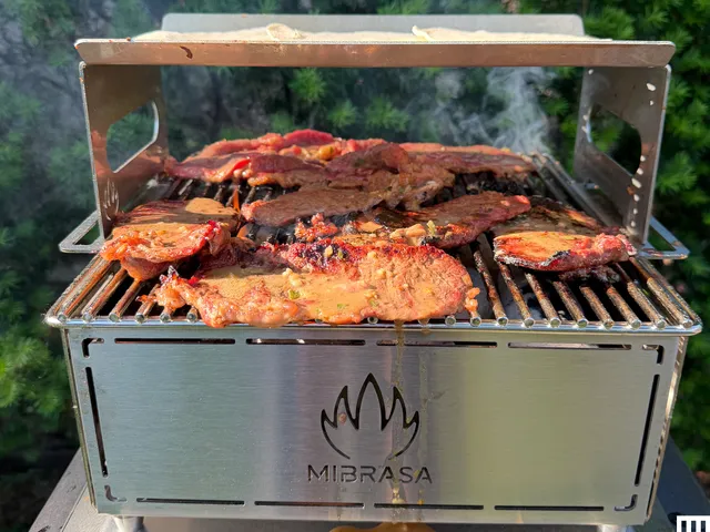 Front of a hibachi grill with meat cooking on top and a bush in the background