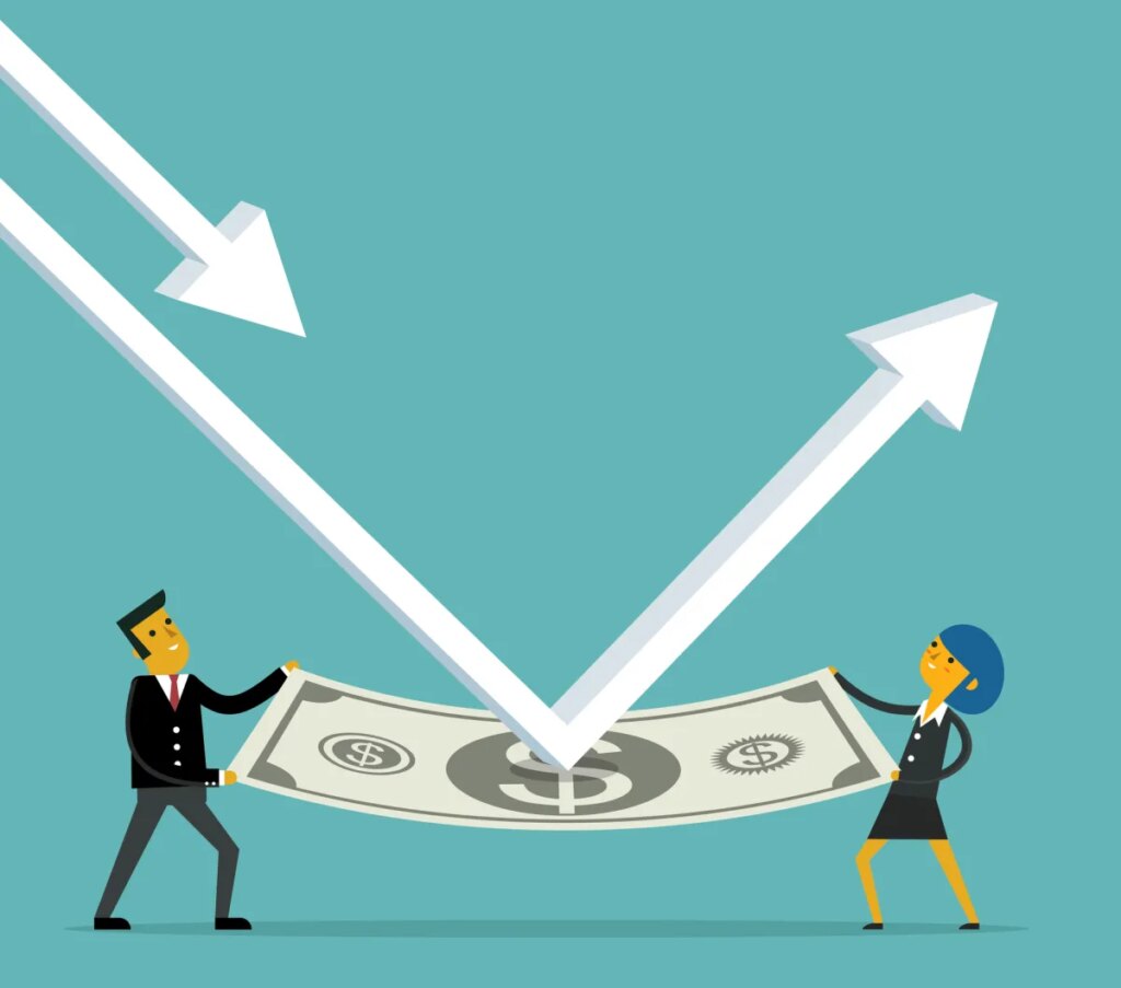 render of man and woman holding dollar bill, arrow deflecting off it