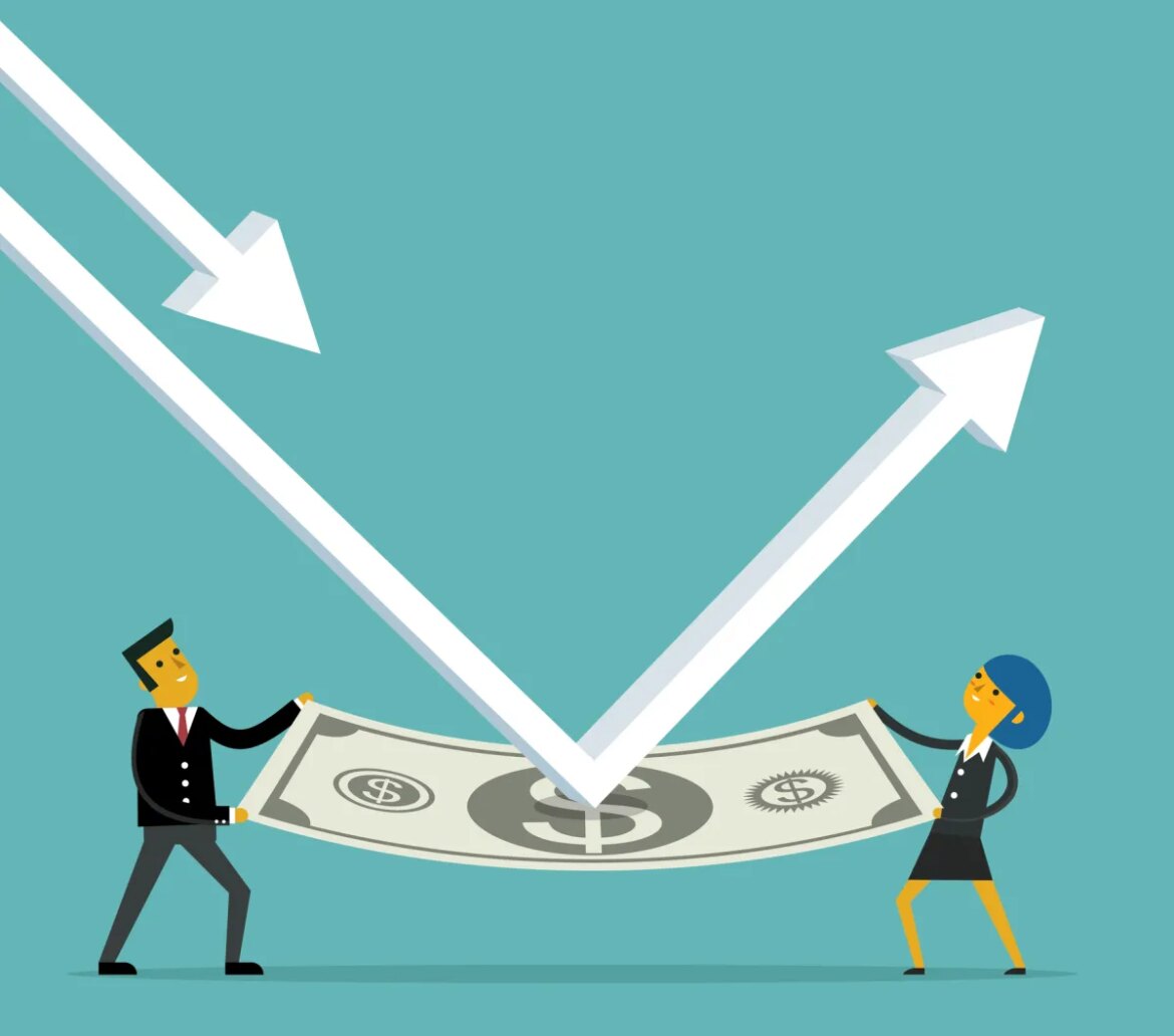 render of man and woman holding dollar bill, arrow deflecting off it
