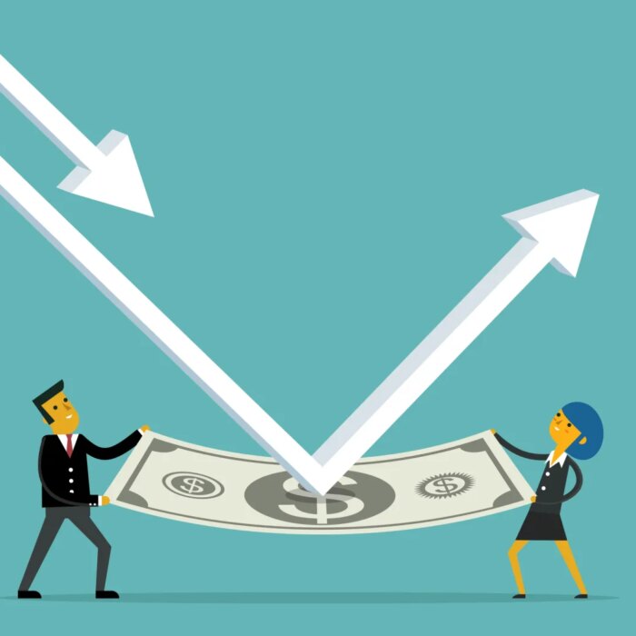 render of man and woman holding dollar bill, arrow deflecting off it