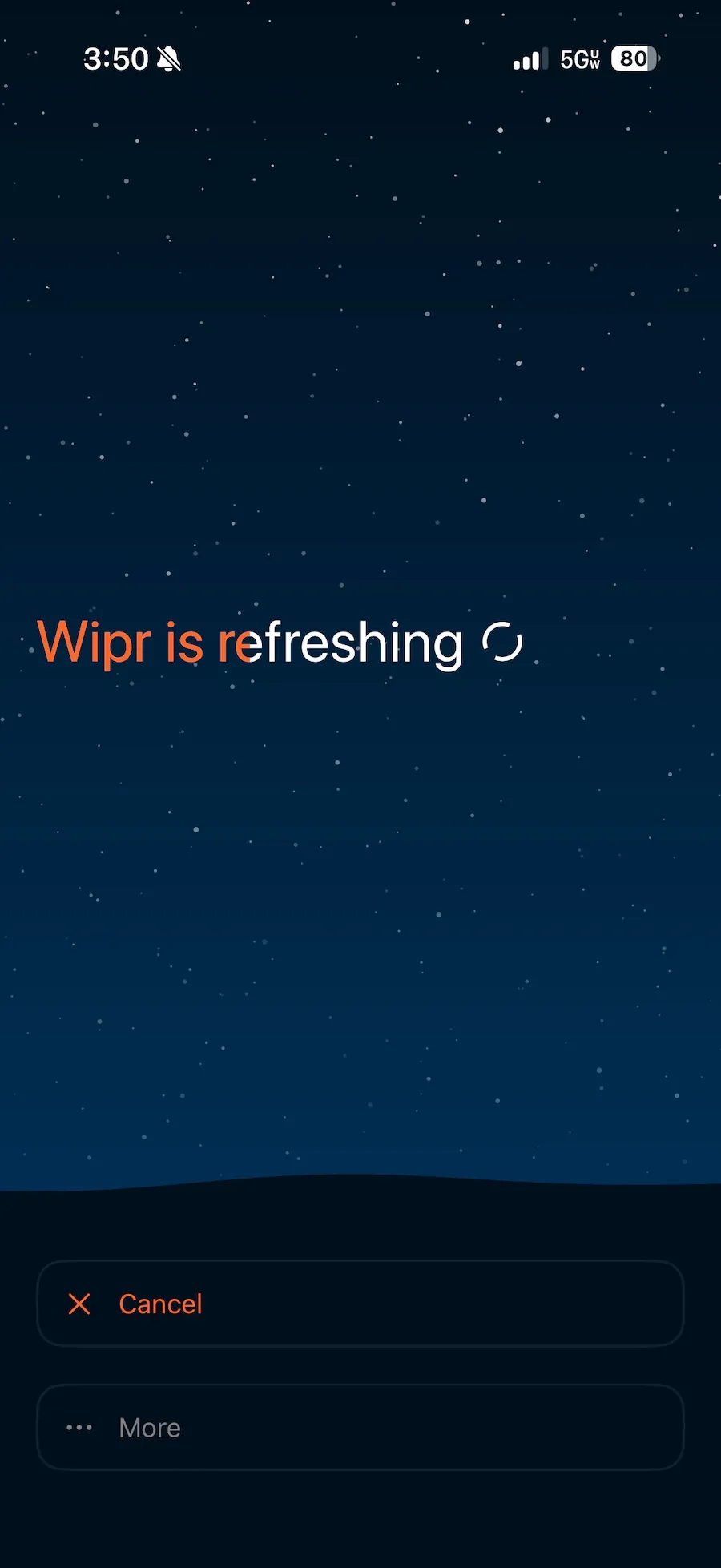 a screenshot of the Wipr app on iOS updating, with the words: "Wipr is refreshing" on screen