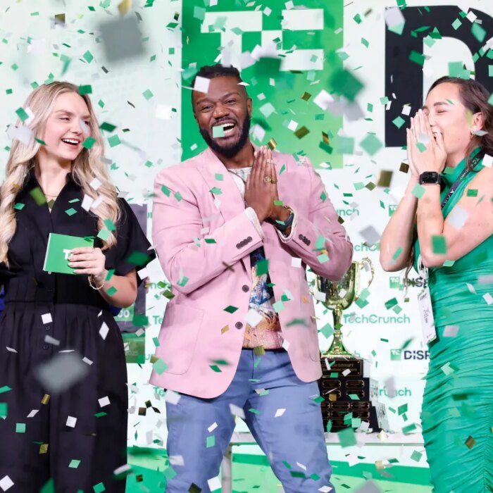 Kevin A. Damoa, Founder & CEO, Glīd, Claire Kroft and Ankit Malhotra, winners of the Startup Battlefield 2025, pose onstage during day three of TechCrunch Disrupt 2025 at Moscone Center on October 29, 2025 in San Francisco, California.
