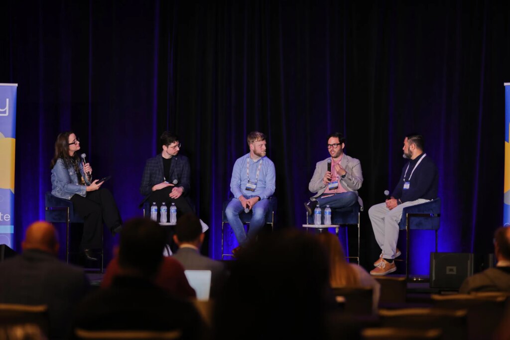 A panel at Unify hosted by Jennifer Pattison Tuohy featuring representatives from Google, Samsung, Homey/LG, and CableLabs. Here, Daniel Moneta of Samsung answers a question about Samsung appliances not being part of Matter, saying they are focused on offering a great first-party experience through SmartThings.