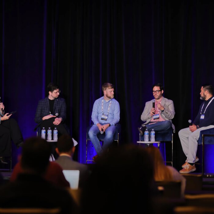 A panel at Unify hosted by Jennifer Pattison Tuohy featuring representatives from Google, Samsung, Homey/LG, and CableLabs. Here, Daniel Moneta of Samsung answers a question about Samsung appliances not being part of Matter, saying they are focused on offering a great first-party experience through SmartThings.