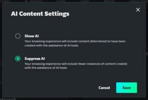 A screenshot of DeviantArt’s AI suppression settings.