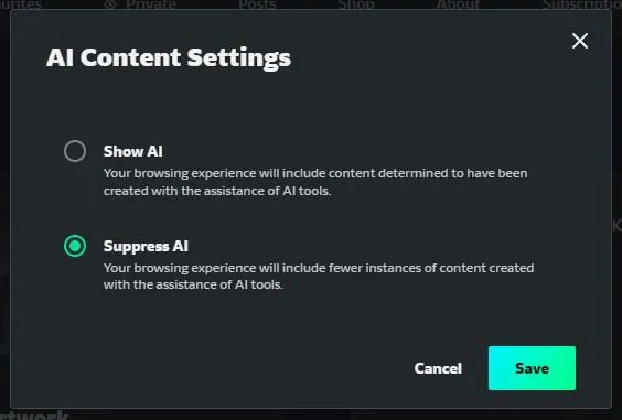A screenshot of DeviantArt’s AI suppression settings.