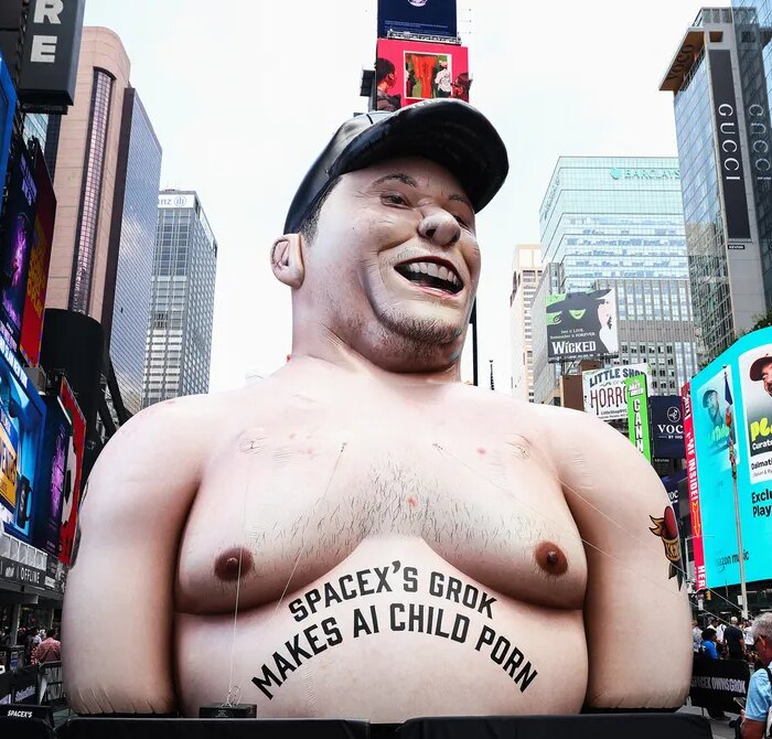 Massive Effigy of Elon Musk Raised Over Times Square to Protest Grok