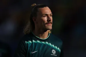 SANTA CLARA, CALIFORNIA - JUNE 25: Australia player Jackson Irvine looks on during the FIFA World Cup 2026 Group D match between Paraguay and Australia at San Francisco Bay Area Stadium on June 25, 2026 in Santa Clara, California. (Photo by Stu Forster/Getty Images)