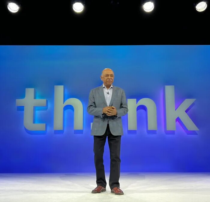 IBM CEO Arvind Krishna delivers the IBM Think keynote address in Boston on May 10, 2022.