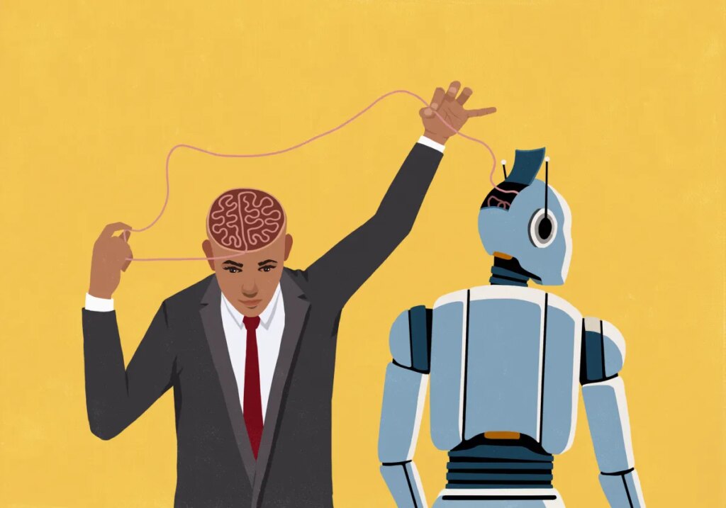 Businessman pulling at thread connecting his brain and open head of AI robot on yellow background