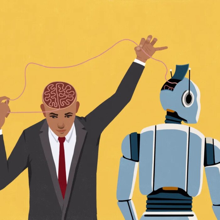 Businessman pulling at thread connecting his brain and open head of AI robot on yellow background