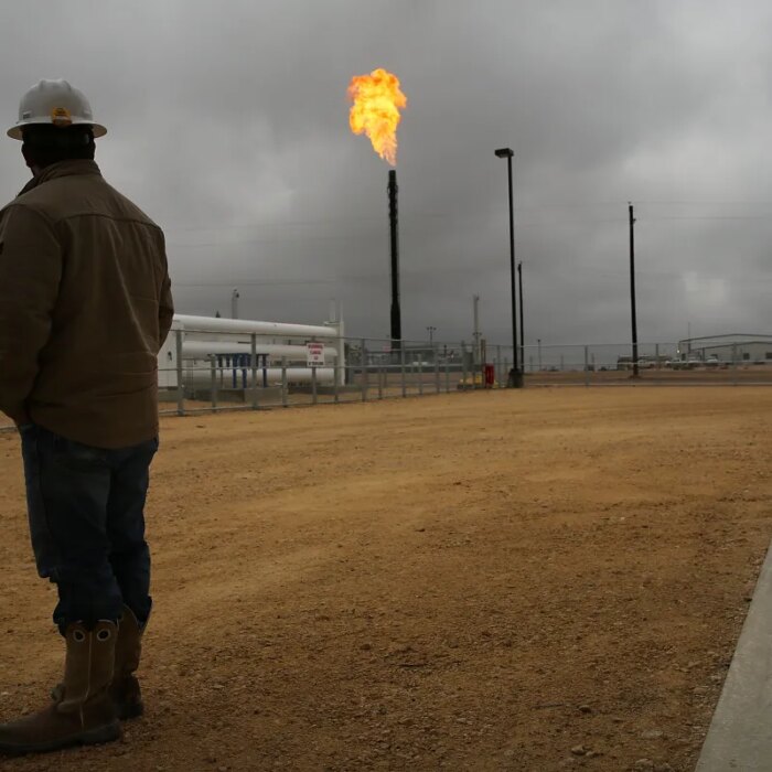 Flared natural gas is burned off at Apache Corporations operations at the Deadwood natural gas plant in the Permian Basin.