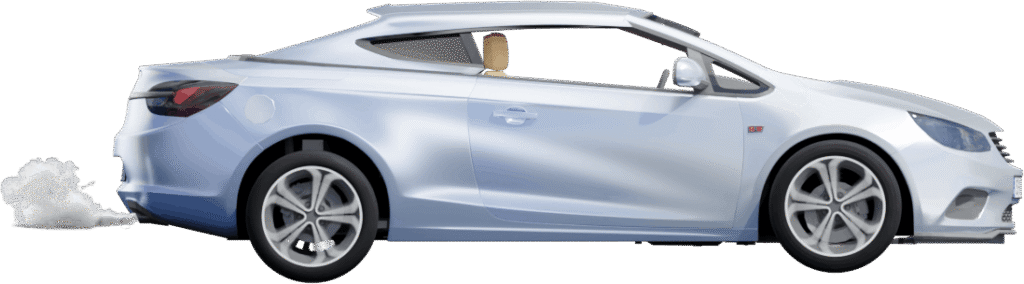 A car viewed from the side with exhaust smoke trailing from the tailpipe.