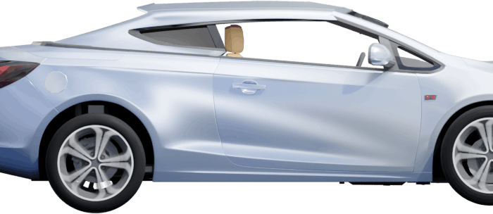 A car viewed from the side with exhaust smoke trailing from the tailpipe.