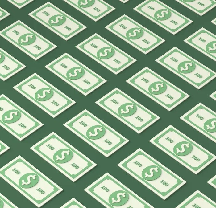 An illustration of patterned 100 dollar bills on a green background